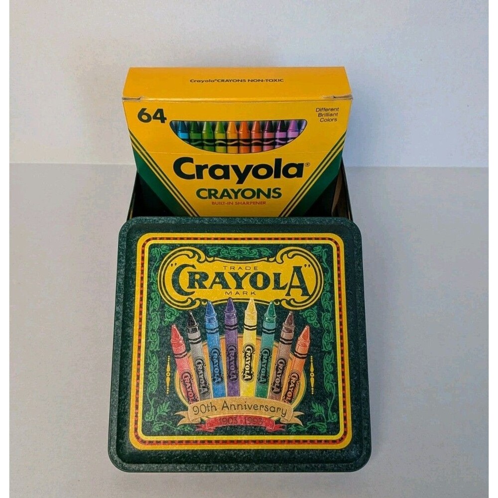 VTG 64 Count Crayola Crayons Sharpener 90s Anniversary Tin Gold Limited Retired